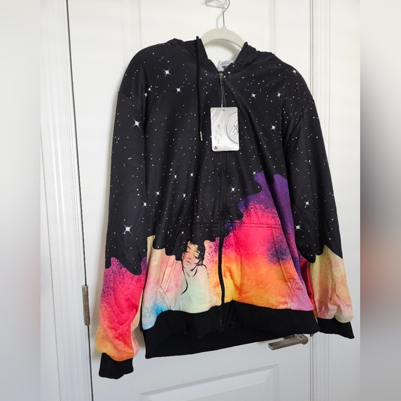 NWT Mens L Faux Fur Lined Hoodie Jacket Full Zipper Space Stars Girl on Front - Picture 1 of 9